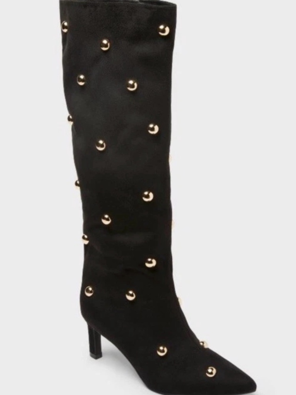 Black Studded Knee-High Pointed Toe Boot